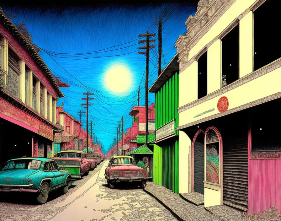 Colorful retro cars and painted buildings under oversized sun in surreal street.