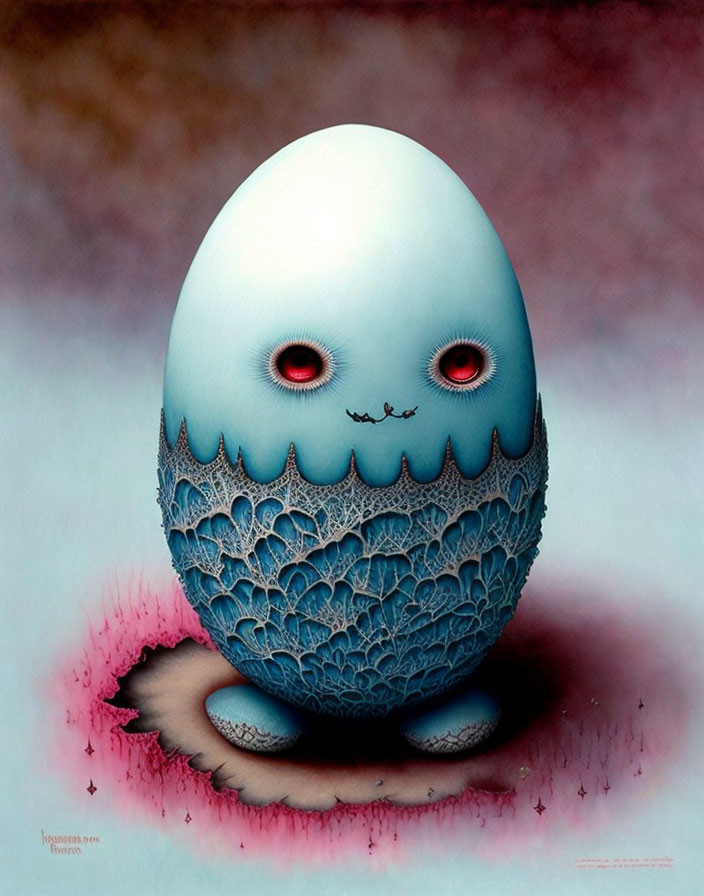 Surreal egg illustration with white to blue gradient, intricate patterns, red-ringed eyes, on