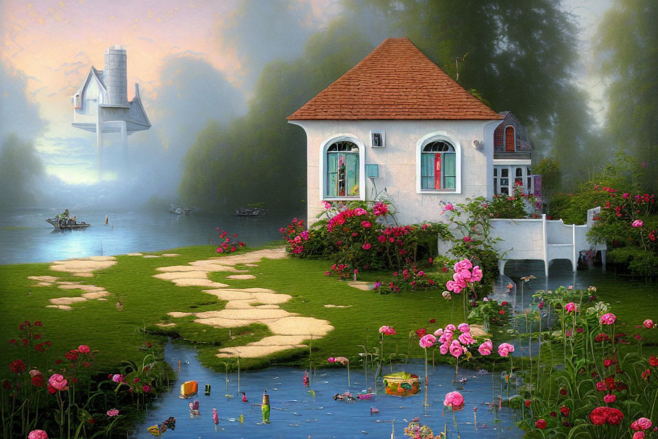 Riverside cottage with lush gardens, stone path, boat dock, pastel sky