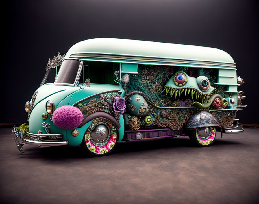 Whimsical teal and mint vintage van with surreal elements on dark background