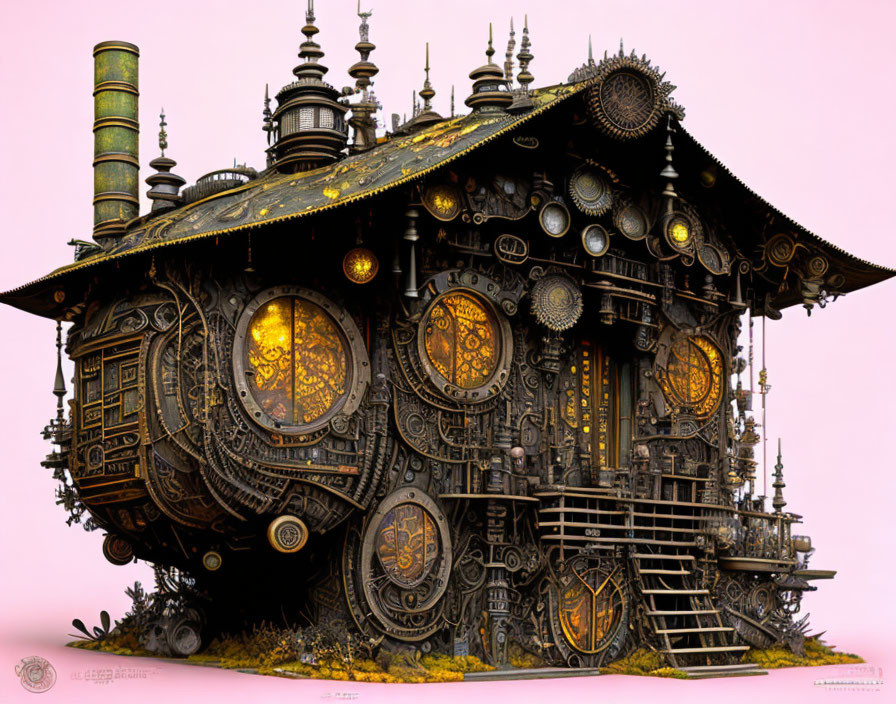 Intricate steampunk house with gears, pipes, and round window on pink background