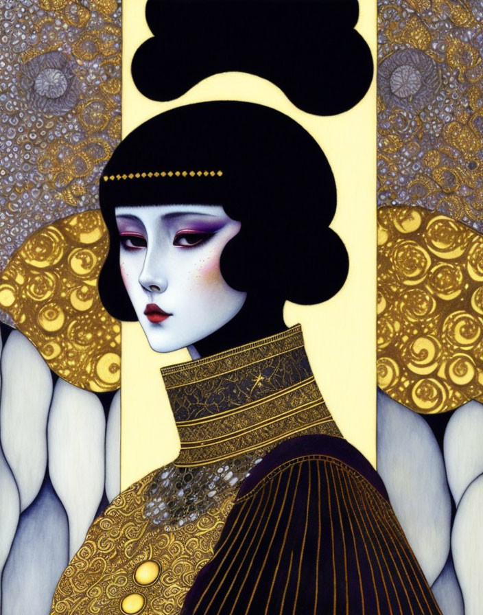 Detailed artistic illustration of woman with bobbed hair, red lips, in golden robe against ornate background