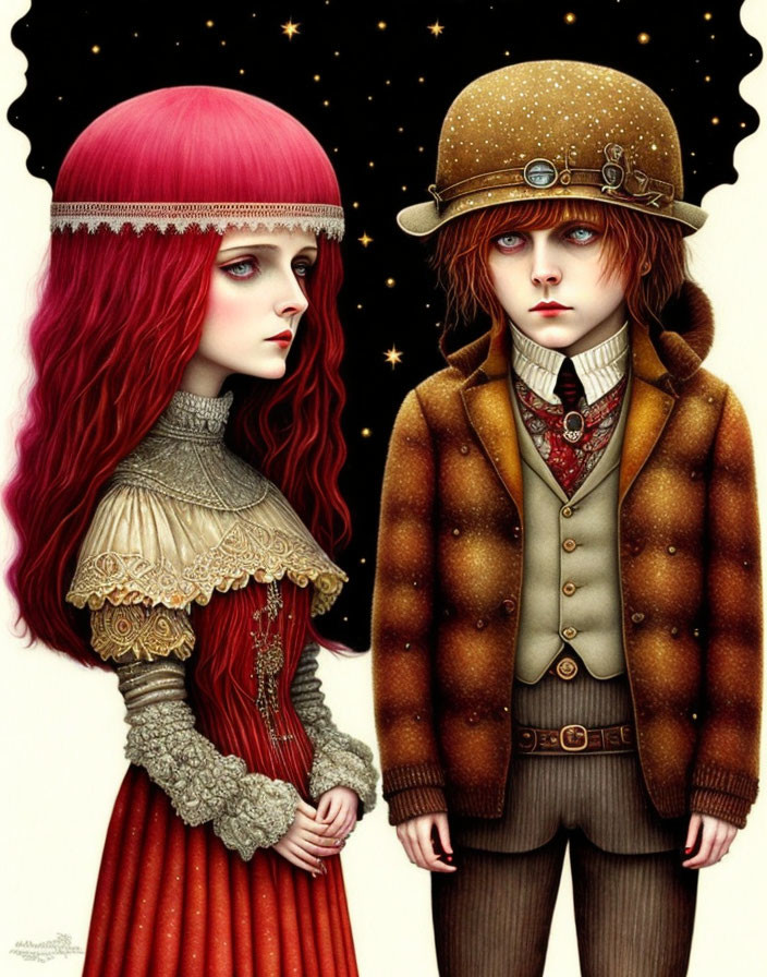 Red-haired girl and boy in steampunk attire against starry backdrop