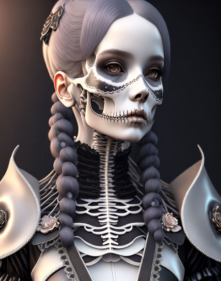 3D illustration: Female figure with skull makeup, braided hair, and gothic outfit