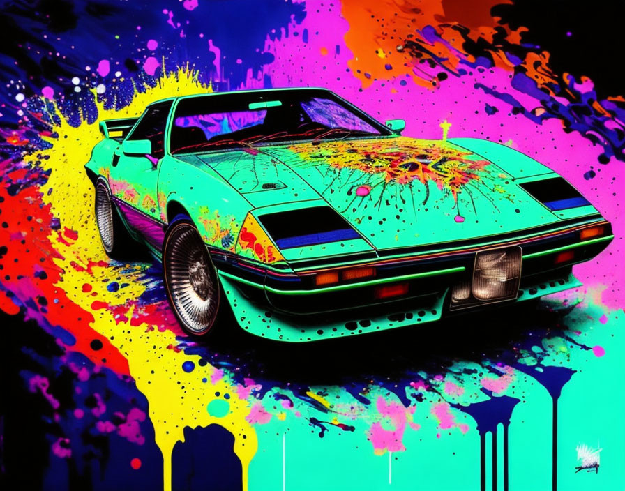 Colorful digital artwork: Classic car with neon splatter on dark background