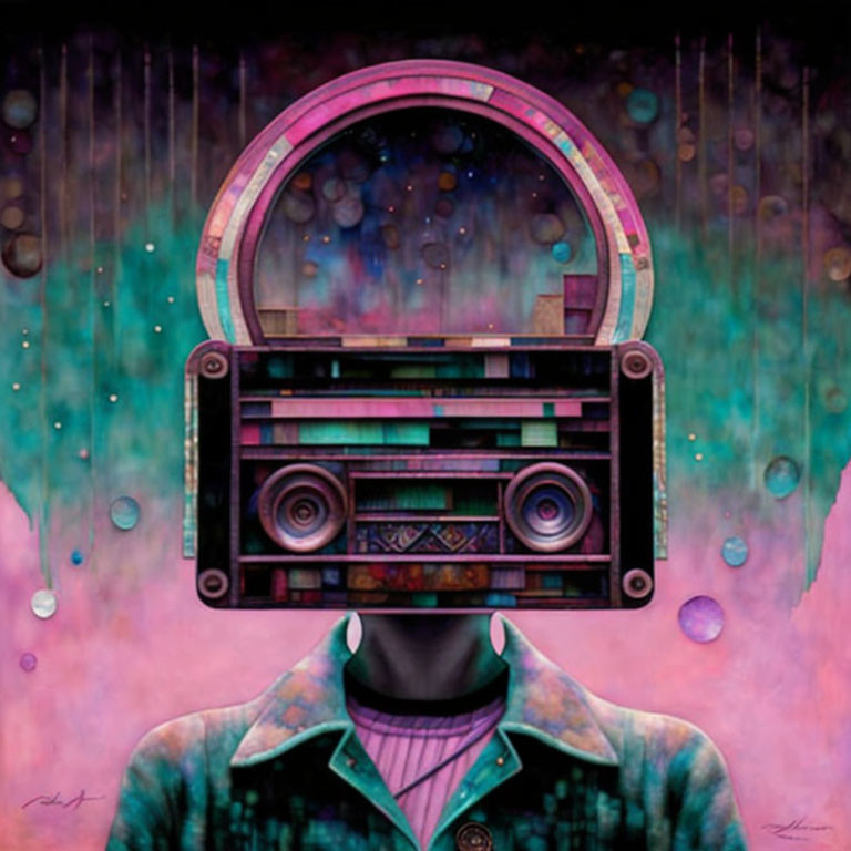 Surreal painting: Figure with vintage boombox head in cosmic background