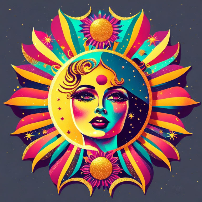 Colorful celestial woman surrounded by sun rays and stars in art deco style