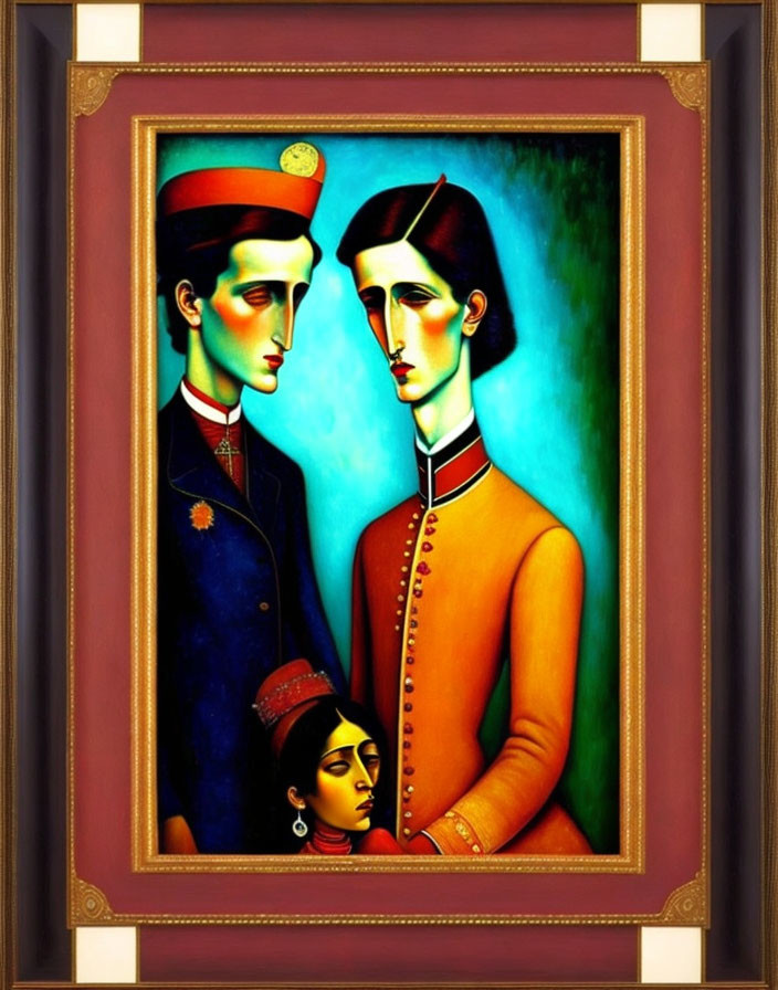 Traditional attire painting with two men, vibrant colors, and woman's head in elegant frame