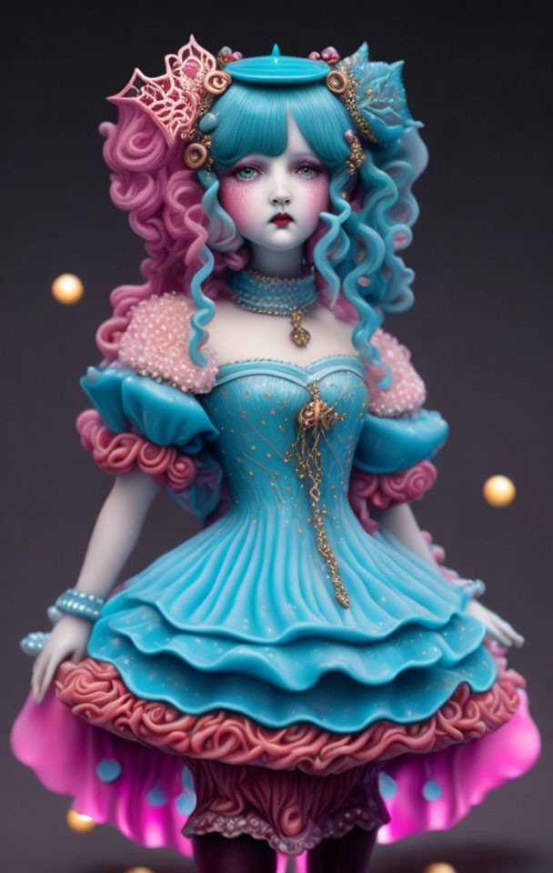 Blue-skinned woman figurine in turquoise and pink dress with gold jewelry