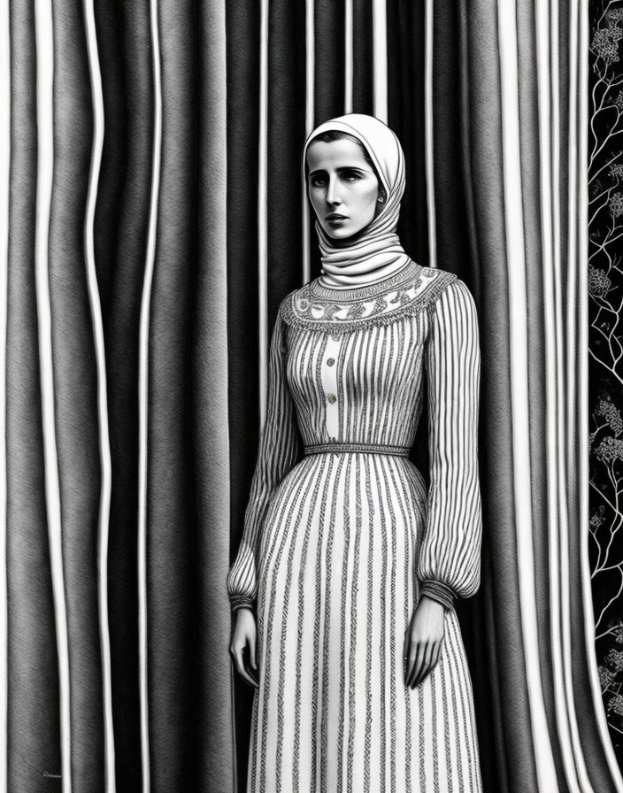 Monochrome illustration of woman in headscarf and striped dress by draped curtains