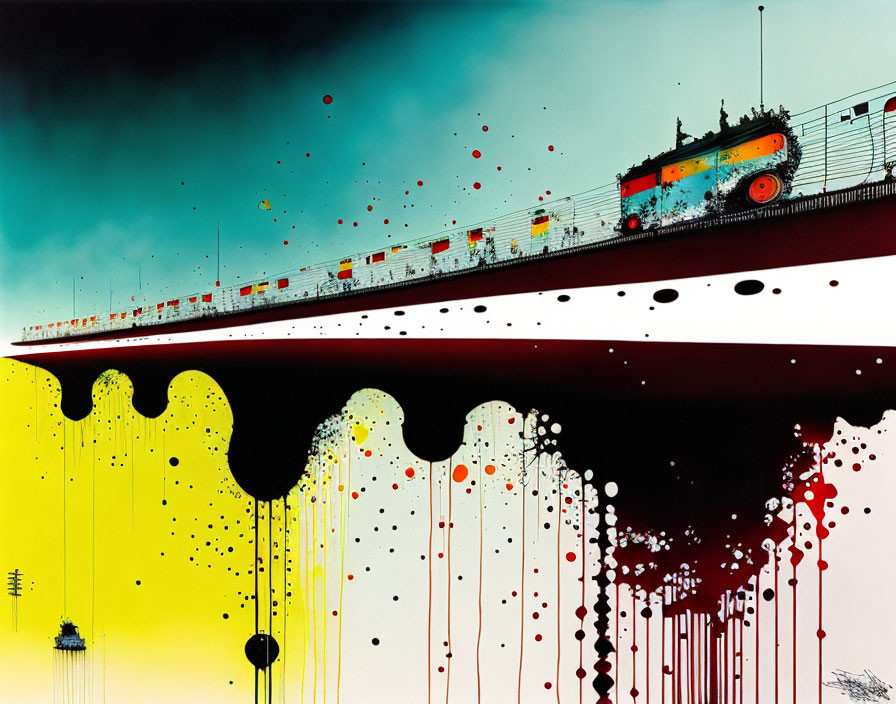 Colorful Abstract Artwork: Melting Bridge with Bus on Yellow-Black Gradient