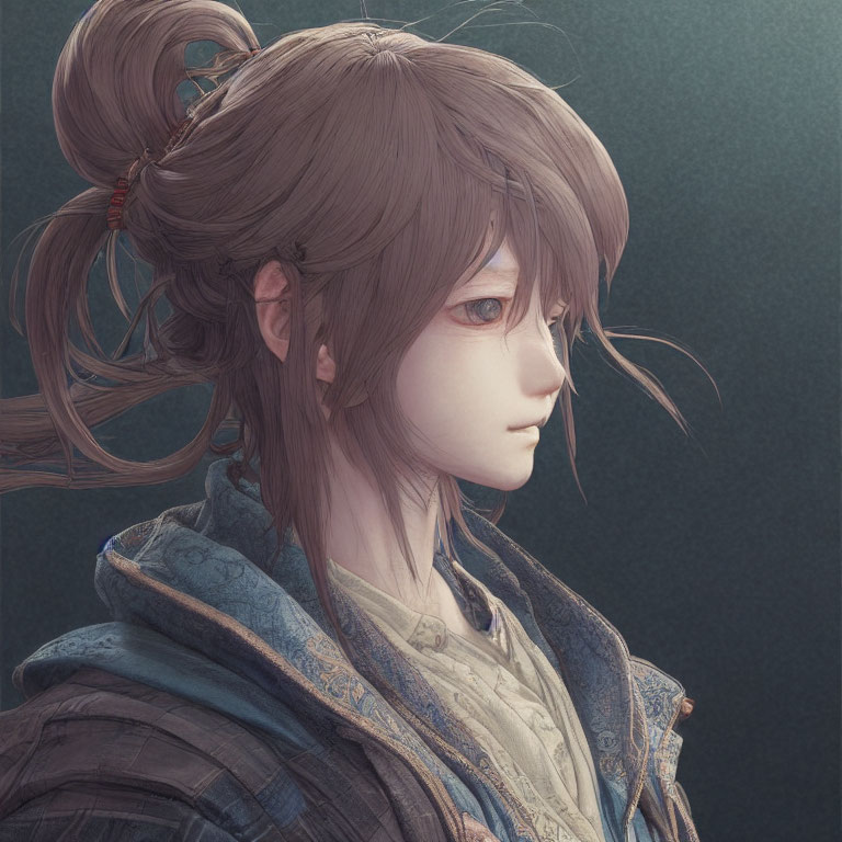 Detailed digital artwork of contemplative young woman with side ponytail and intricate hair and clothing textures against dark