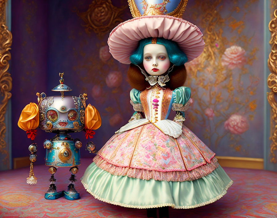 Surrealist doll figure in rococo attire with anthropomorphic clock