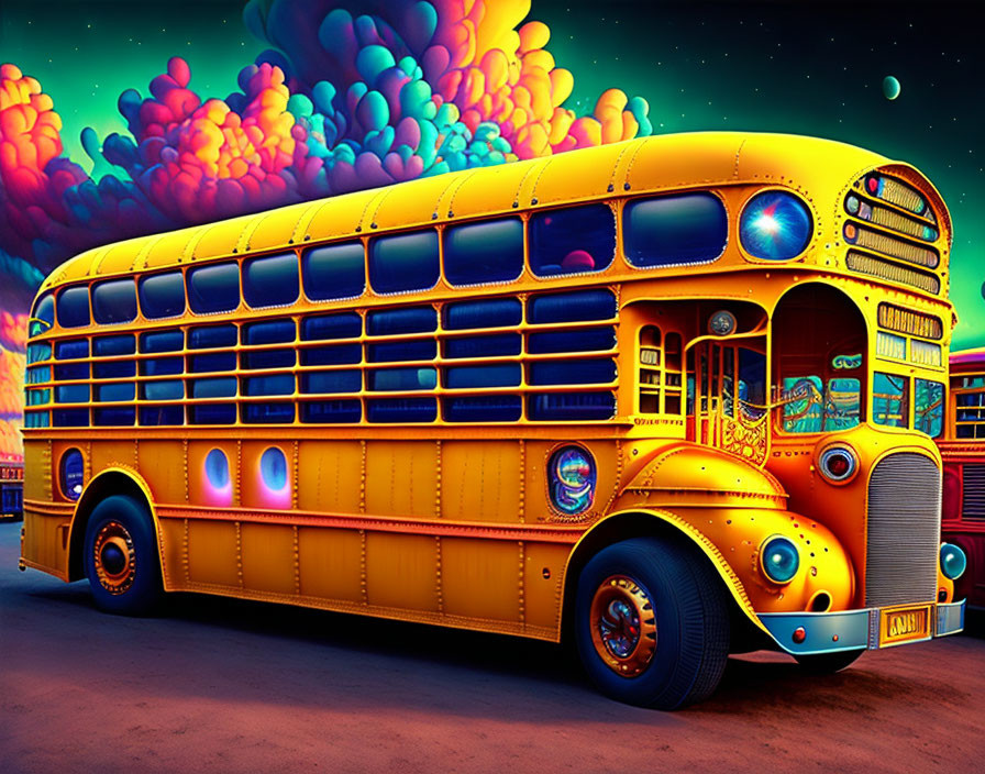 Colorful retro yellow school bus under neon-lit sky with pink and blue clouds