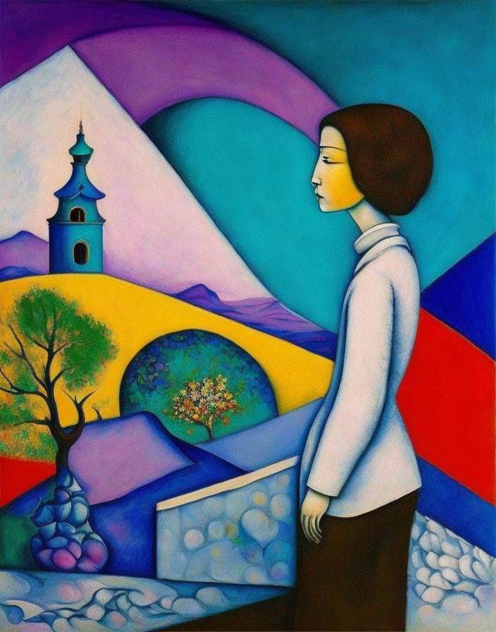 Colorful abstract painting of woman in white sweater with landscape background.