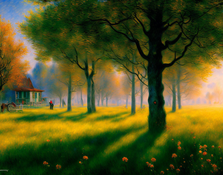 Tranquil countryside landscape with house, trees, carriage, and people in sunlit glade