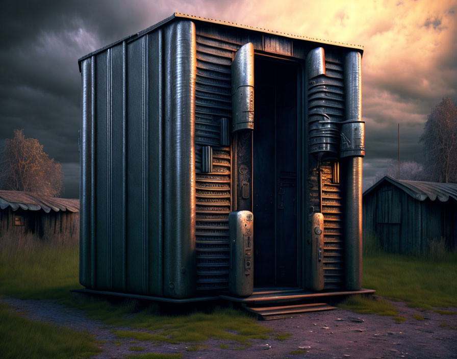 Metallic futuristic container under dramatic sky with weathered door and ventilation slits on lush grass