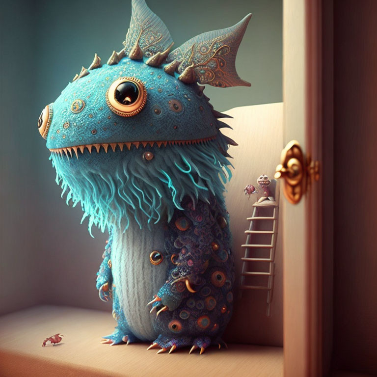 Blue one-eyed creature with teal fur mane and intricate patterns, accompanied by tiny beings with ladders.