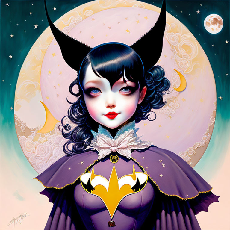 Stylized female figure with bat-like wings and moon background in dark dress.