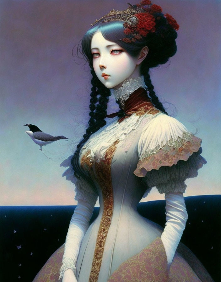 Pale-skinned woman in Victorian dress with bird companion.