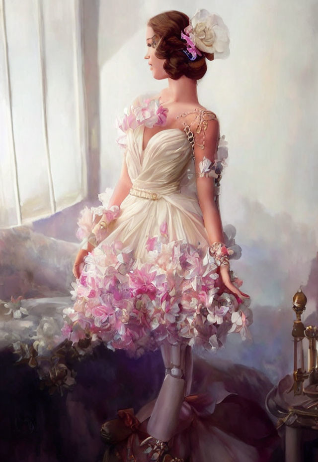 Vintage Cream Dress with Floral Details and Pearls, Elegant Woman in Fancy Updo Hairstyle by Bright