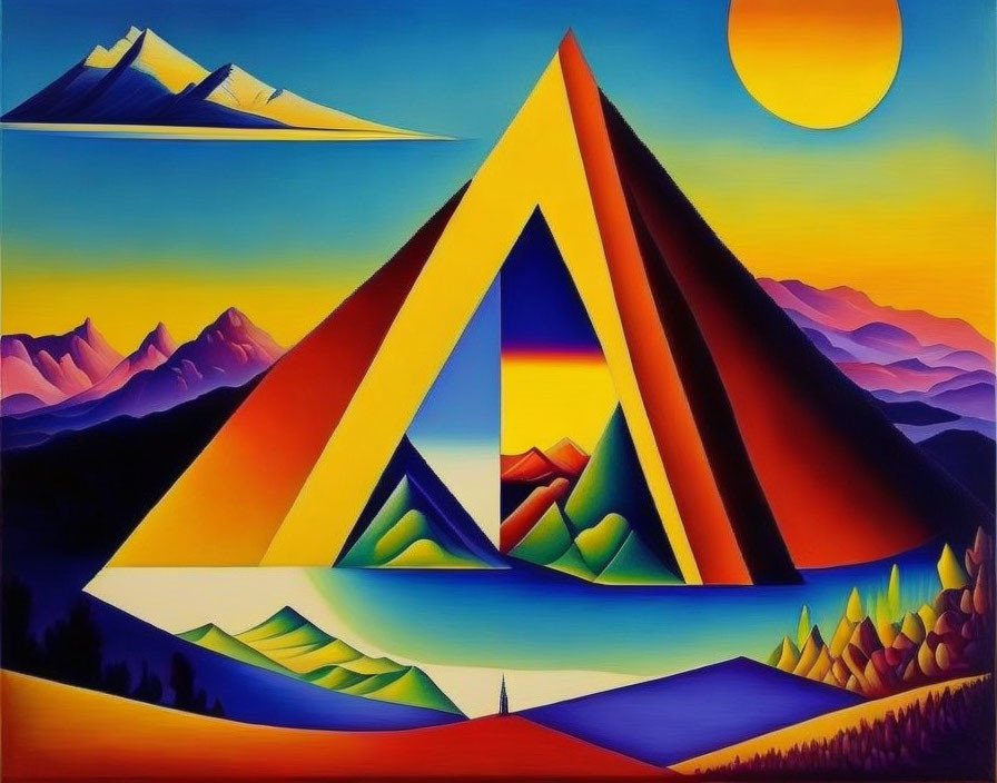 Vibrant surreal landscape with triangular shapes and mountains