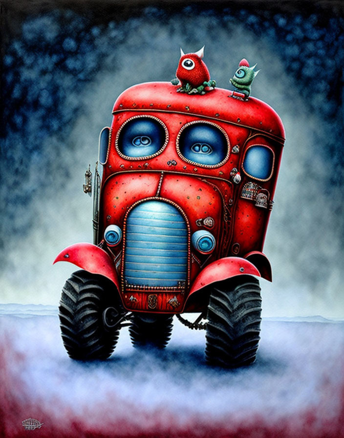 Whimsical red vehicle with large wheels and quirky eyes.