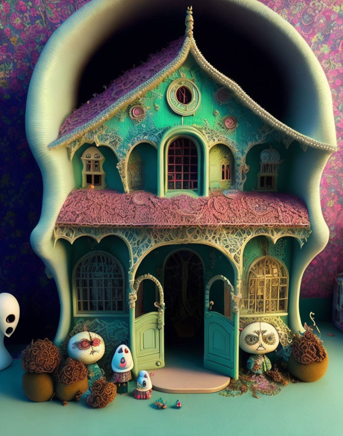 Organic-shaped fantasy house with pastel colors and cute creatures