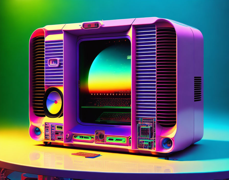 Neon-colored retro-futuristic computer with CRT monitor and speakers