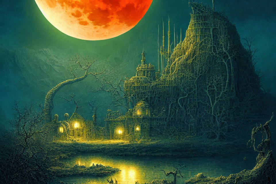 Fantasy landscape with large red moon, castle-like structure, barren trees, and glowing pond