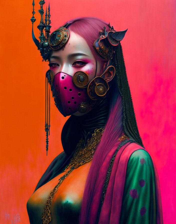 Stylized female figure with magenta hair in ornate gold and pink mask on vibrant background