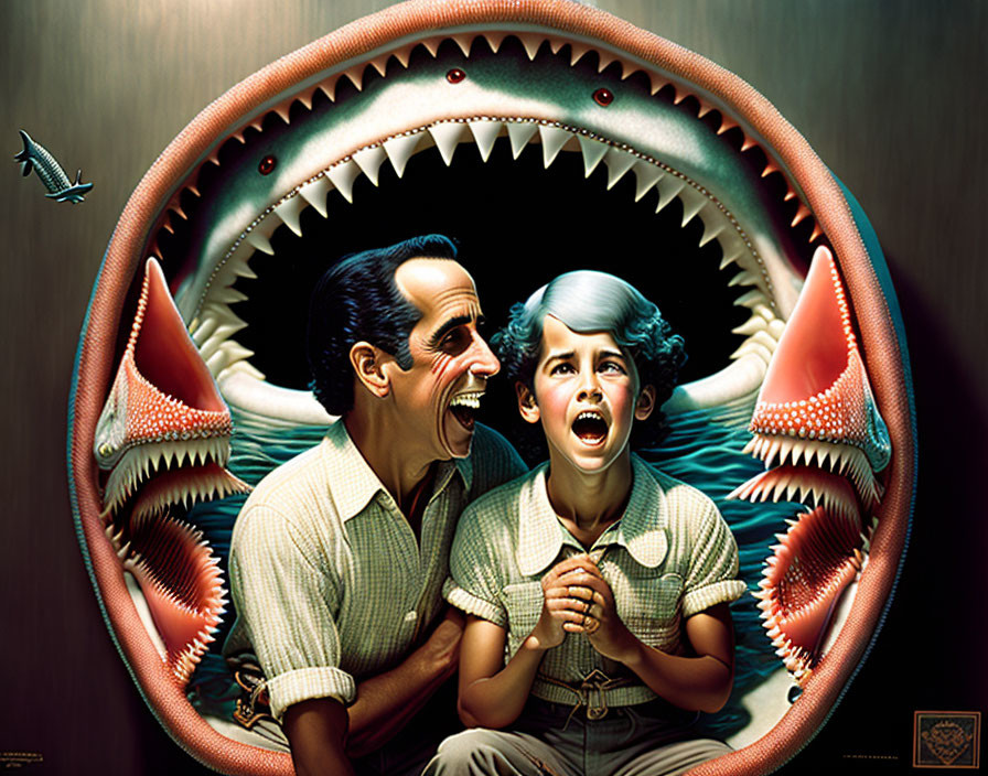 Vintage-style illustration: Two people screaming in giant shark's mouth