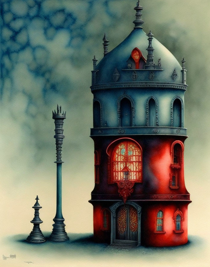 Surreal Victorian house with red light and chess-piece lamp on blue background