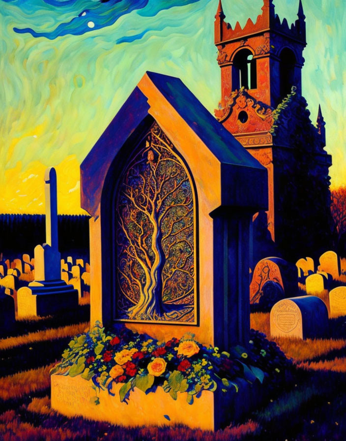 Detailed painting: church, cemetery, stained-glass window, flowers, tombstones, swirling sky