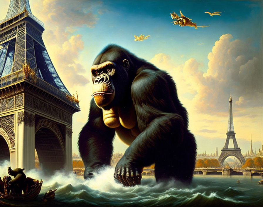 Enormous gorilla in flooded Paris with Eiffel Tower and flying reindeer sleigh