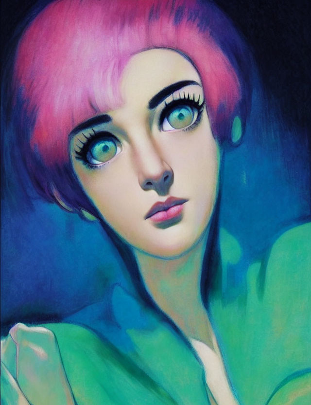 Person with Pink Hair and Large Eyes in Green Top on Blue Background