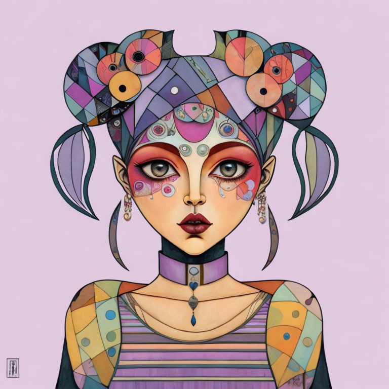 Surreal illustration: Woman with patchwork ears, multiple eyes, colorful patterns