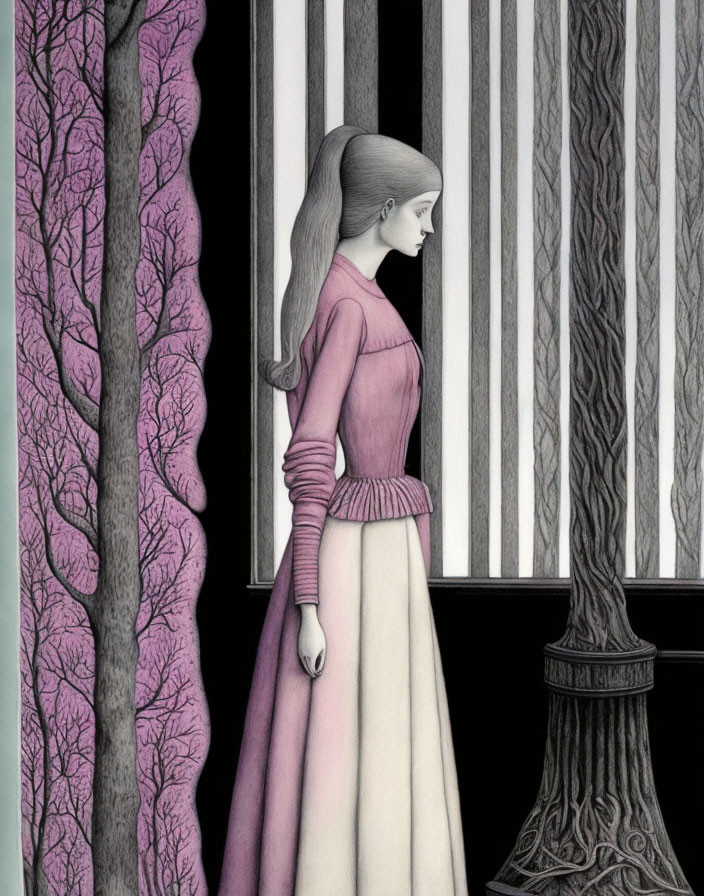 Woman in old-fashioned attire among stylized trees in pink, grey, and black palette