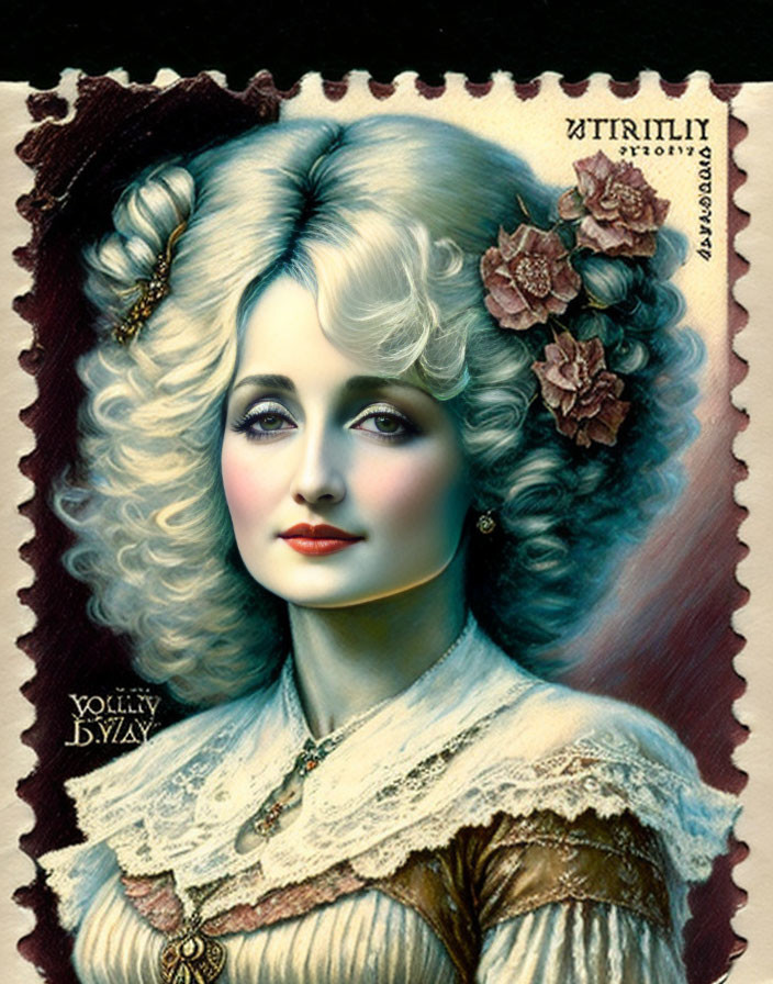 Vintage-style illustration of woman with blonde hair and hair flowers on stamp design