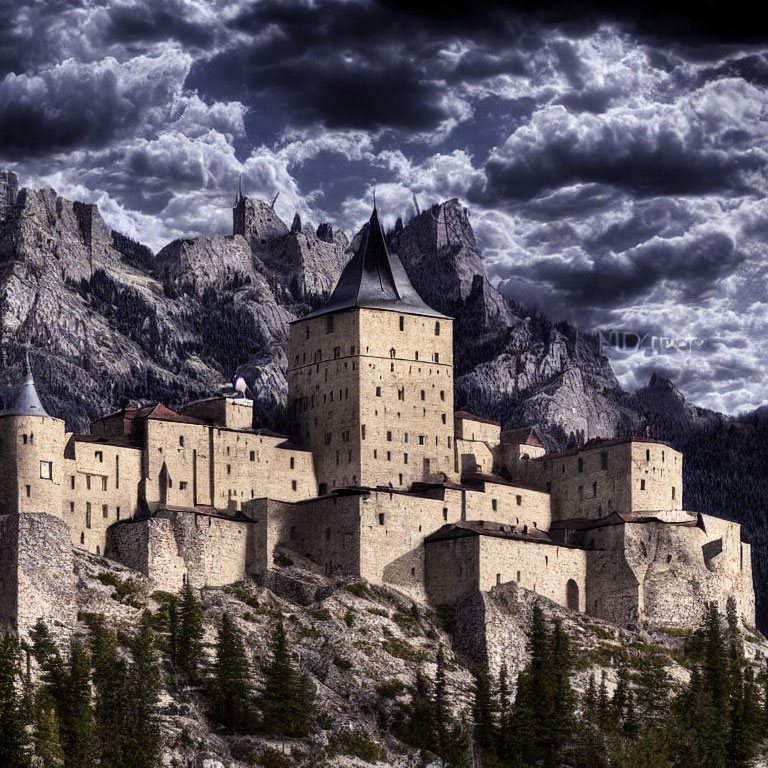 Medieval castle on rocky terrain with jagged mountains and dramatic sky