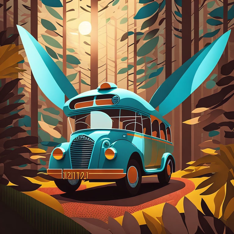 Vintage Bus with Surfboards Driving Through Colorful Forest at Sunset