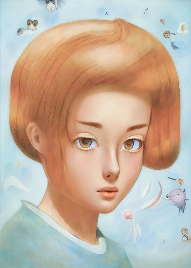 Portrait of Young Girl with Amber Eyes and Whimsical Creatures in Dreamy Sky