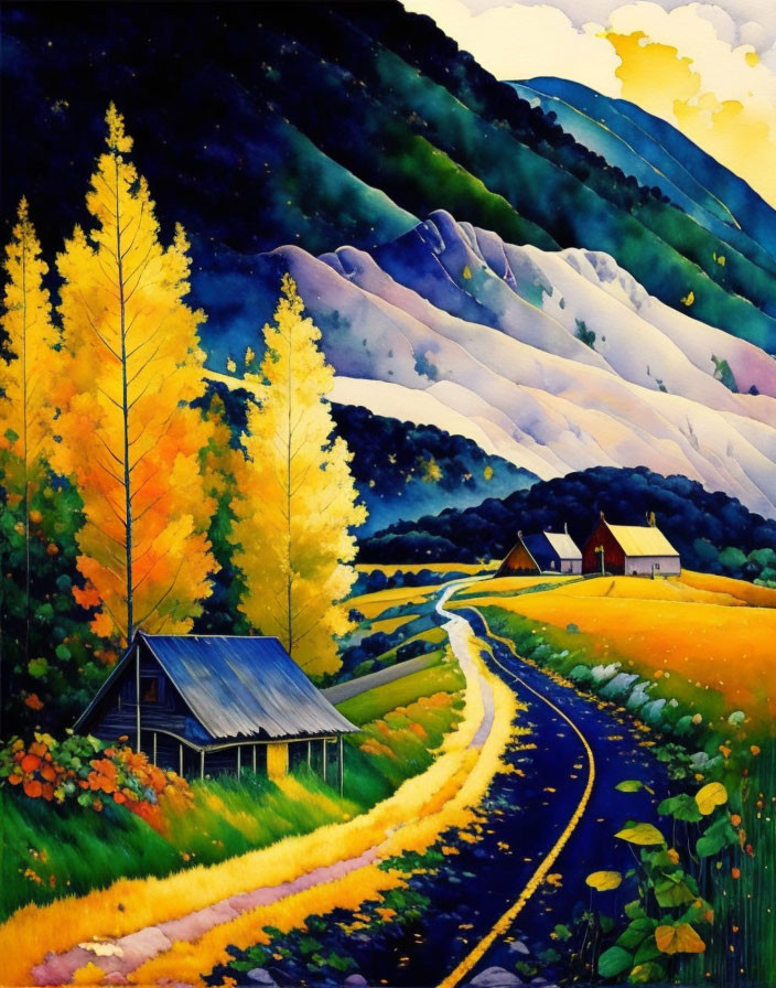 Colorful autumn landscape with winding road, cabin, and mountains