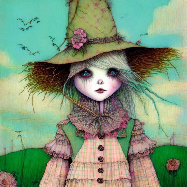 Pale girl in witch's hat and frilly dress on green background with flying birds