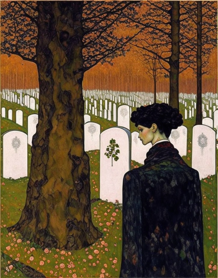 Woman Contemplating by Tree in Cemetery Field with Pink Flowers