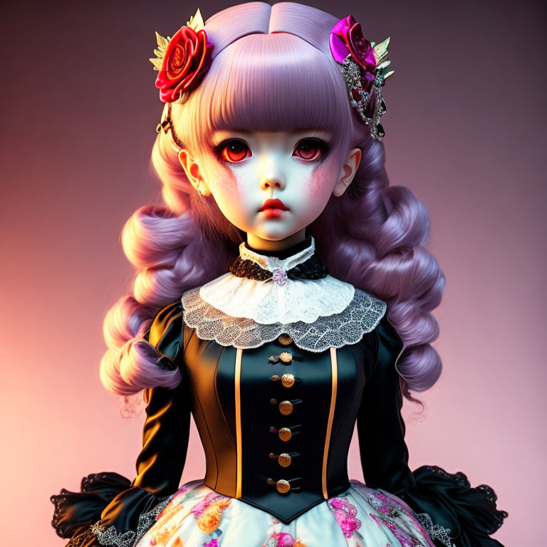 Digital artwork: Doll with large eyes, lilac hair, roses, Gothic Lolita dress