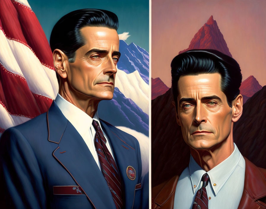 Stylized man in suit with American flag and mountain portrait.