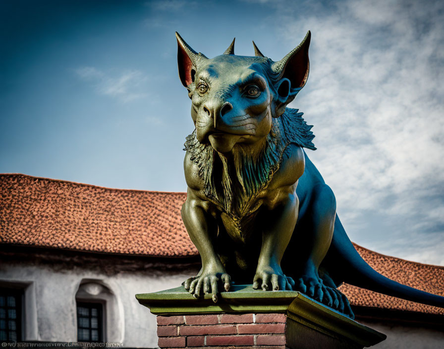 Mythical gargoyle statue with wings and pointed ears on pedestal against blue sky and roof tiles