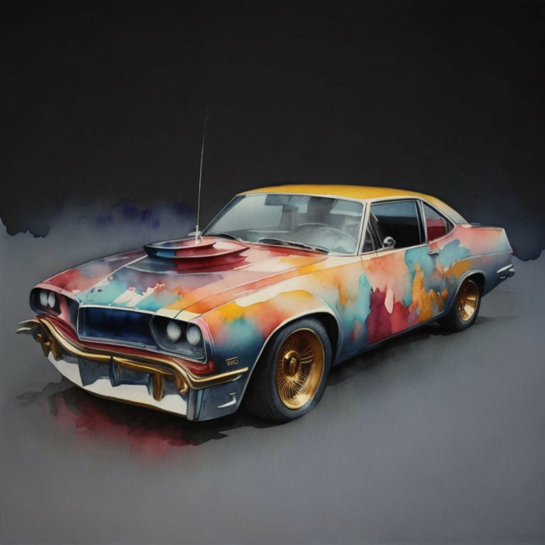 Vintage Car Watercolor Painting with Colorful Abstract Design on Black Background