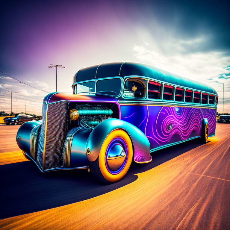 Customized vintage bus with purple and blue paint job and psychedelic designs under dramatic sky